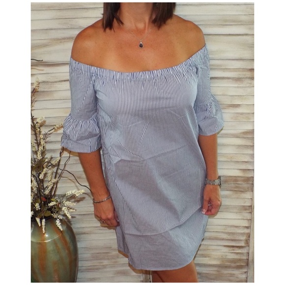 Off Shoulder Pin Striped Dress Blue White 1418 - Picture 5 of 8